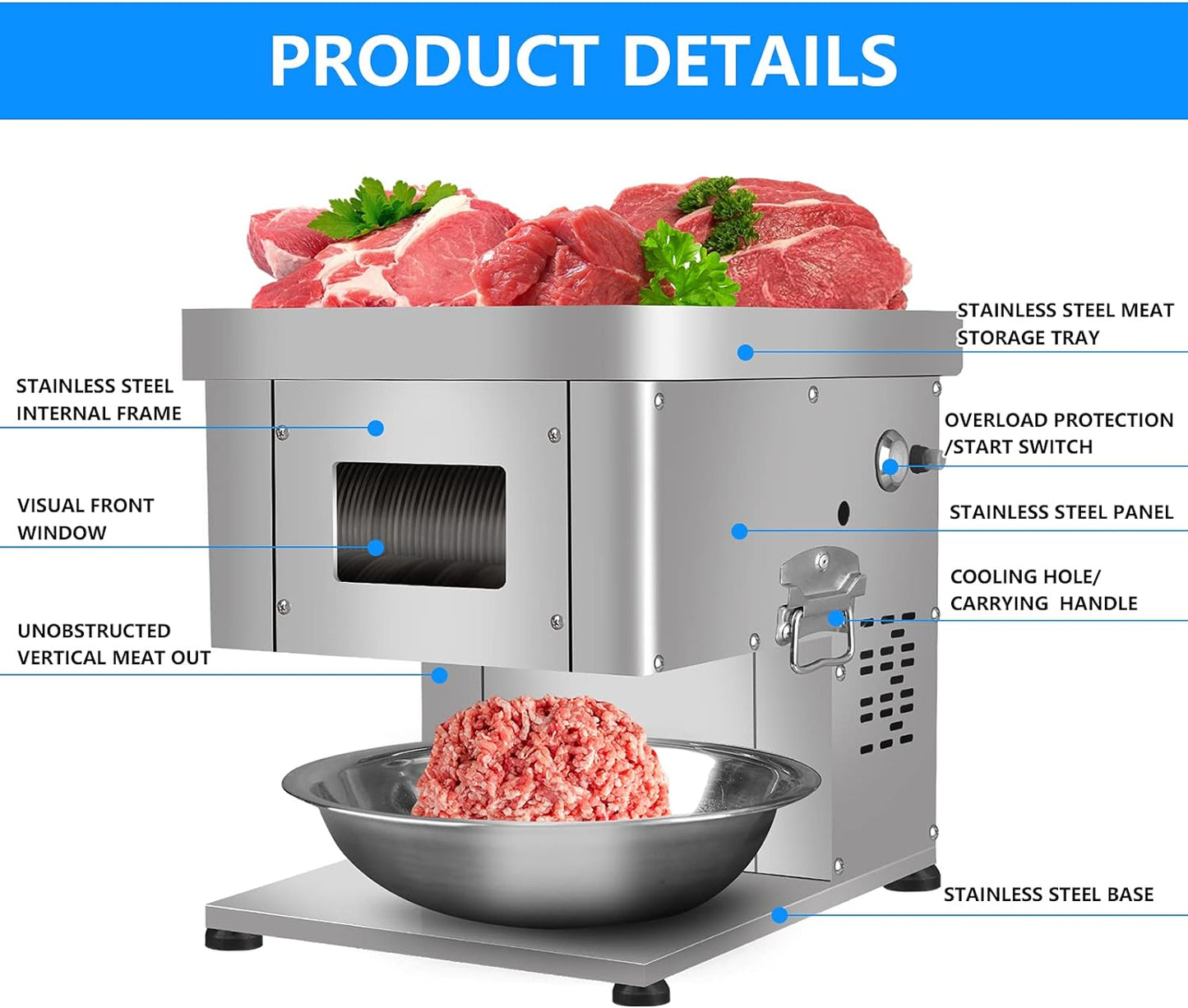 MPSMAG 3.5Mm Meat Slicer 1100W Meat Cutter Machine 330Lbs/Hr Electric Deli Food Slicer Meat Cutting Machine Meat Cutter Fresh Meat Shredded Fresh Meat Dicer Slicer Processing Machine