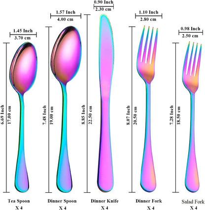 Flatware Set 20 Piece, Stainless Steel with Titanium Colorful Plated, Multicolor Flatware Set, Silverware, Rainbow Color Cutlery Set Service for 4