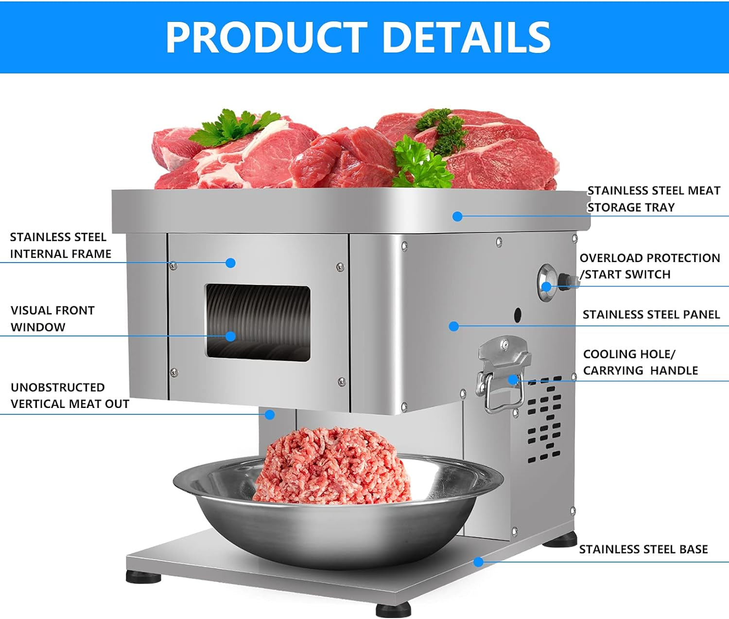 MPSMAG 3.5Mm Meat Slicer 1100W Meat Cutter Machine 330Lbs/Hr Electric Deli Food Slicer Meat Cutting Machine Meat Cutter Fresh Meat Shredded Fresh Meat Dicer Slicer Processing Machine