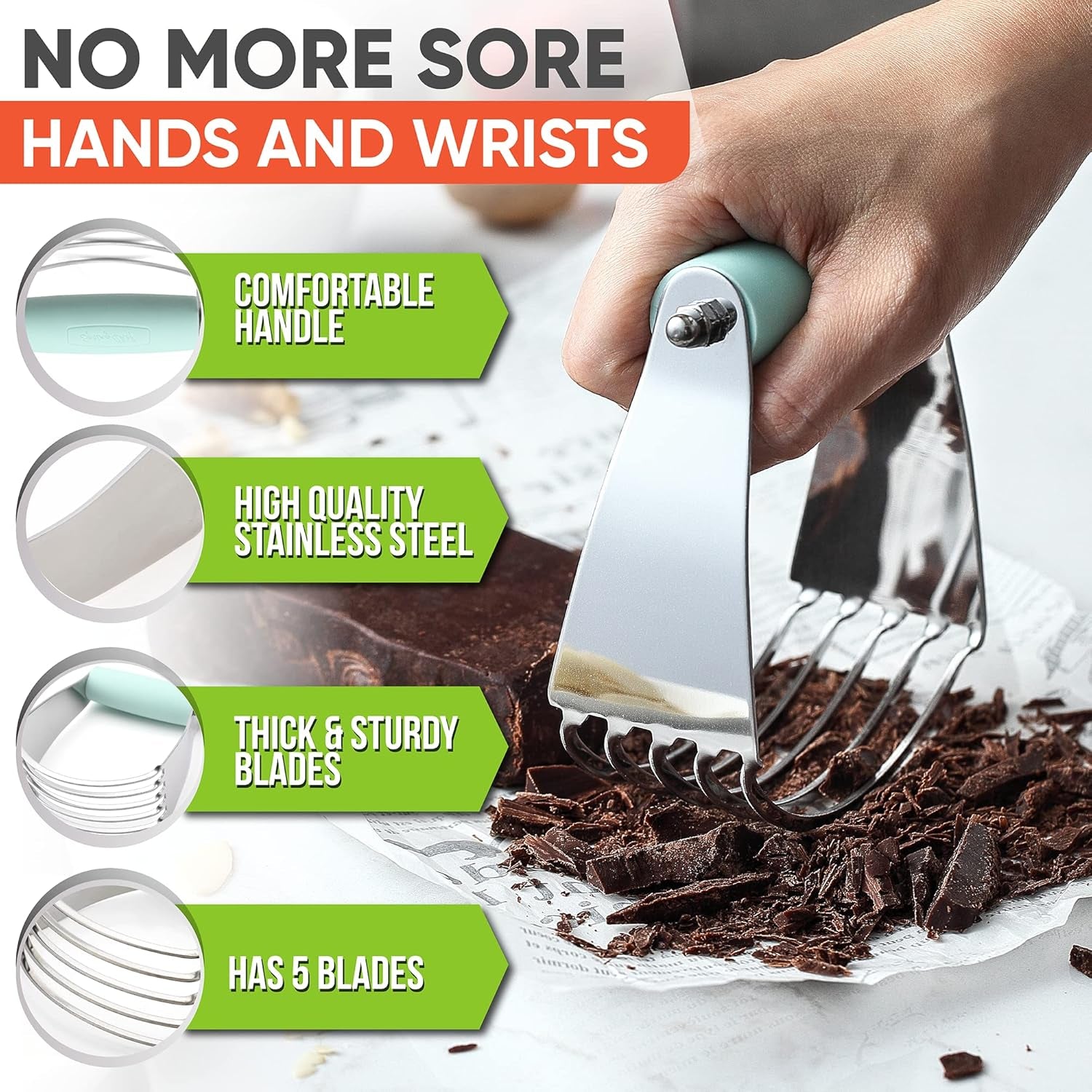 Medium Dough Blender - Stainless Steel Pastry Cutter Tool for Baking W/Thick Sharp Blades - Butter & Dough Cutter - Pastry Blender for Easy Mixing - Dishwasher Safe Kitchen Gadgets - Mint