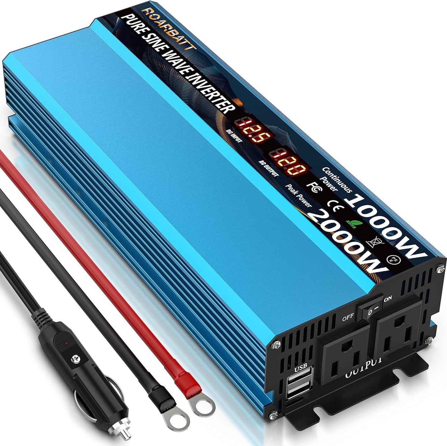 Power Inverters Pure Sine Wave 1000 Watt 12V DC to 110V/120V AC Converter 2 AC Outlets Car Inverter with 3.4A USB Port Cooling Fans and LCD Display