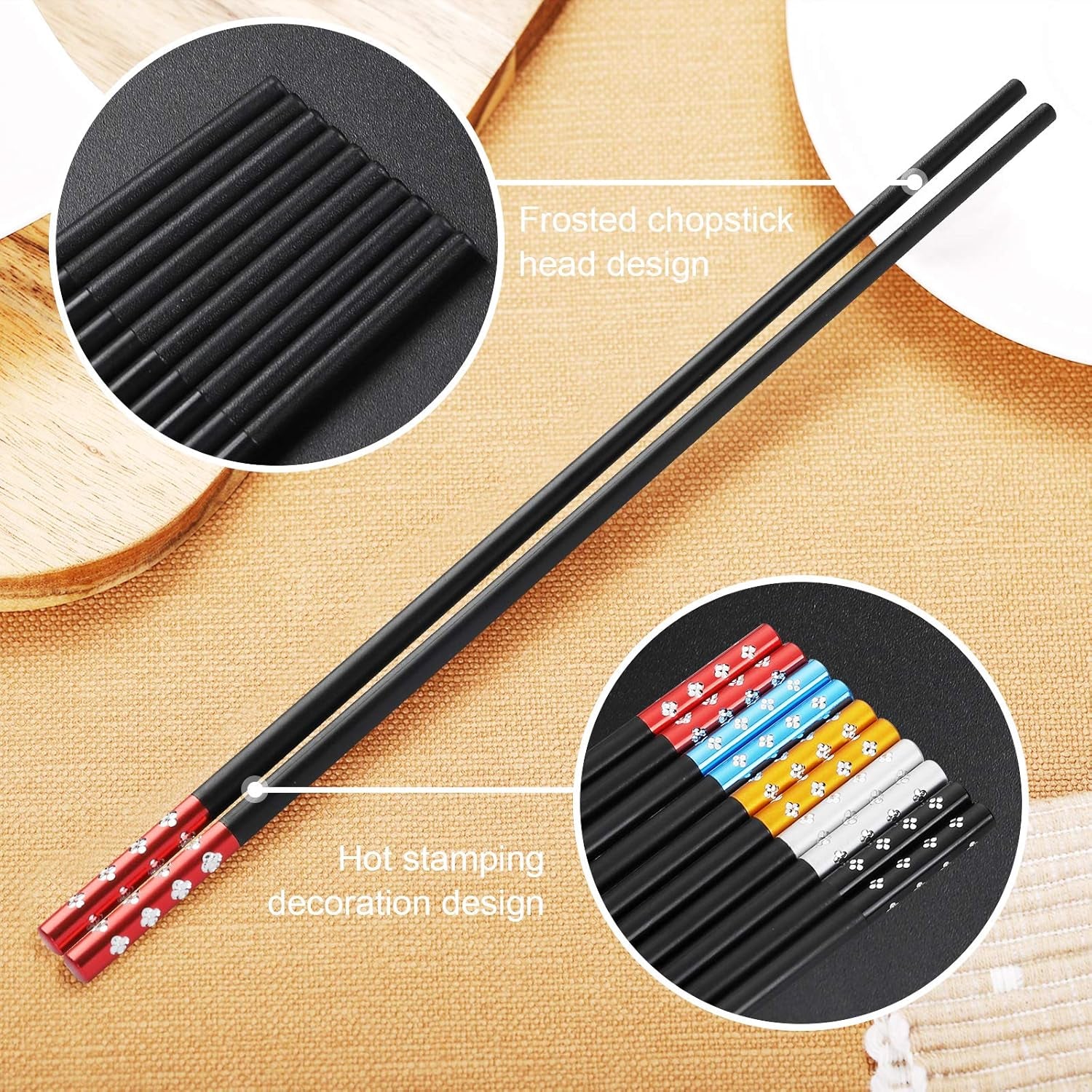 10 Pairs Fiberglass Chopsticks, Non-Slip Chopsticks, Dishwasher Safe for Chinese Style Japanese Food Cooking Chopstick (9.5 Inch Five Colors)