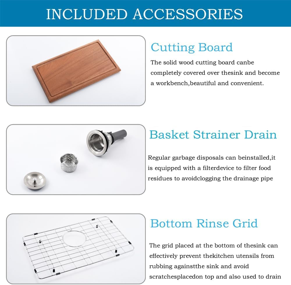 33 Inch Drop in Kitchen Sink Workstation -  33X22 Inch Topmount Single Bowl Workstation 16 Gauge Stainless Steel Drop-In Sinks,Round Corner Basin for Kitchen with Accessories