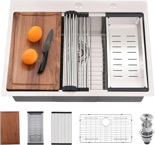 33 Inch Drop in Kitchen Sink Workstation -  33X22 Inch Topmount Single Bowl Workstation 16 Gauge Stainless Steel Drop-In Sinks,Round Corner Basin for Kitchen with Accessories