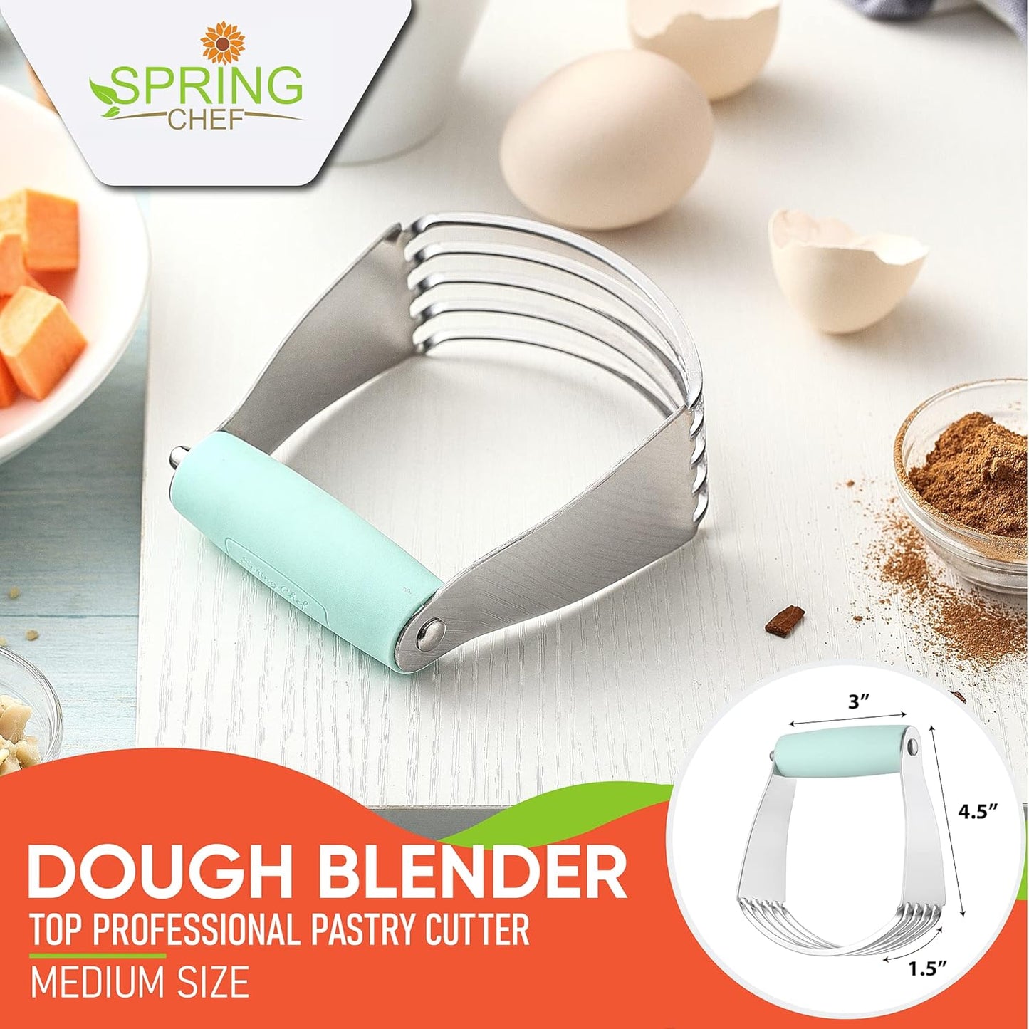 Medium Dough Blender - Stainless Steel Pastry Cutter Tool for Baking W/Thick Sharp Blades - Butter & Dough Cutter - Pastry Blender for Easy Mixing - Dishwasher Safe Kitchen Gadgets - Mint