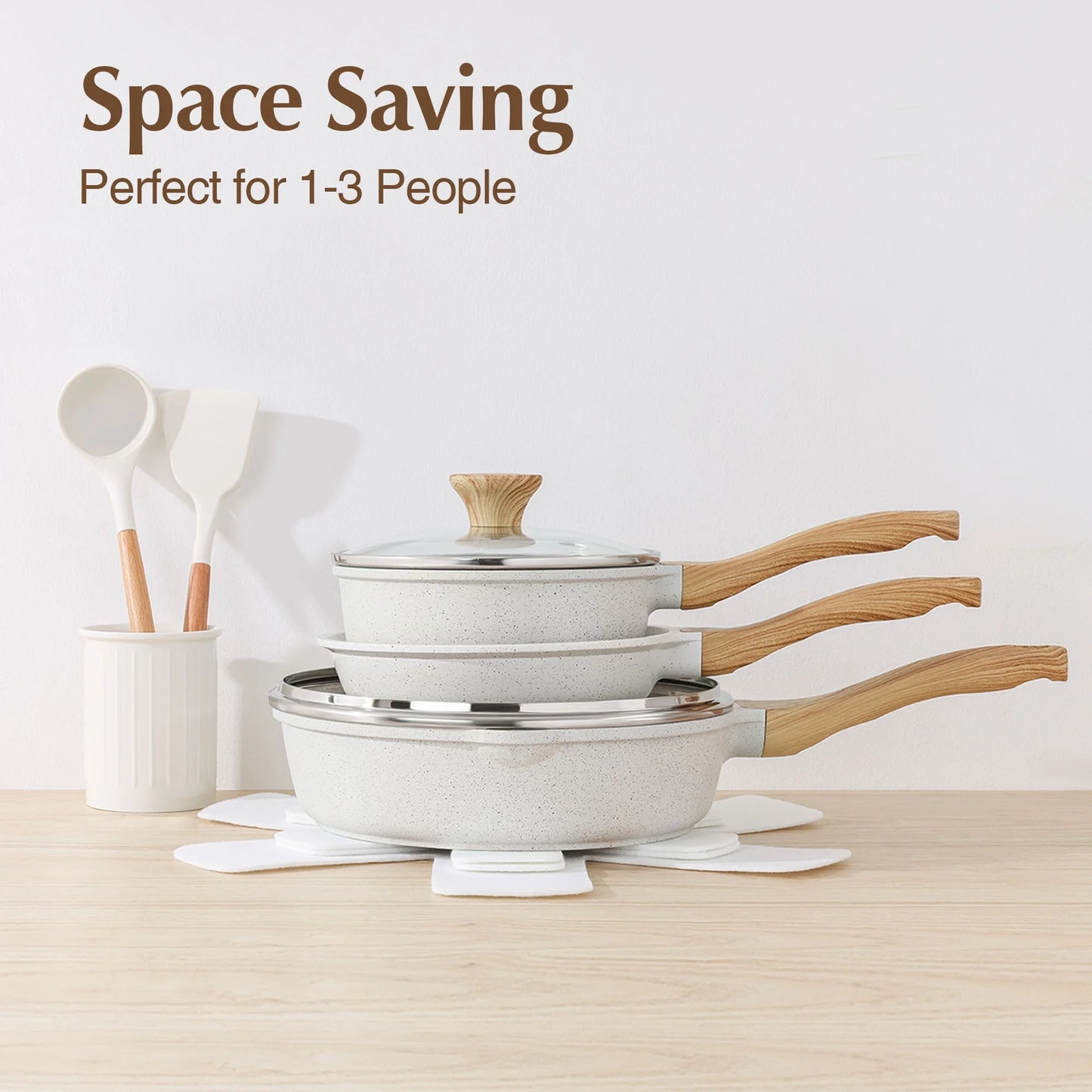 Ceramic Nonstick Pots and Pans Set, 17Pcs Healthy Non Stick Cookware Set with Pots Protectors, Induction Kitchen Cookware Sets White