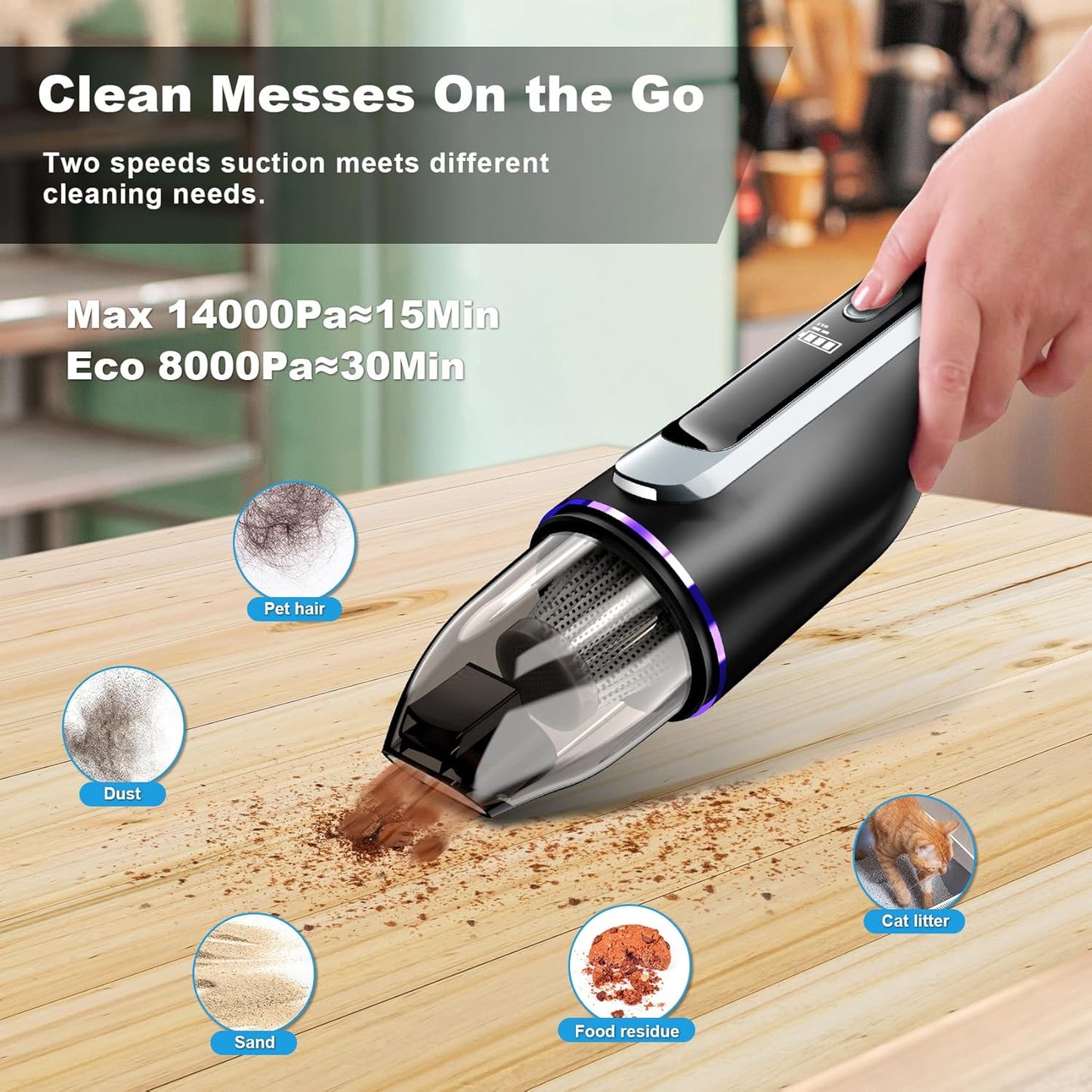 Cordless Handheld Vacuum Cleaner 14000Pa Suction Mini Car Vacuum Lightweight LED