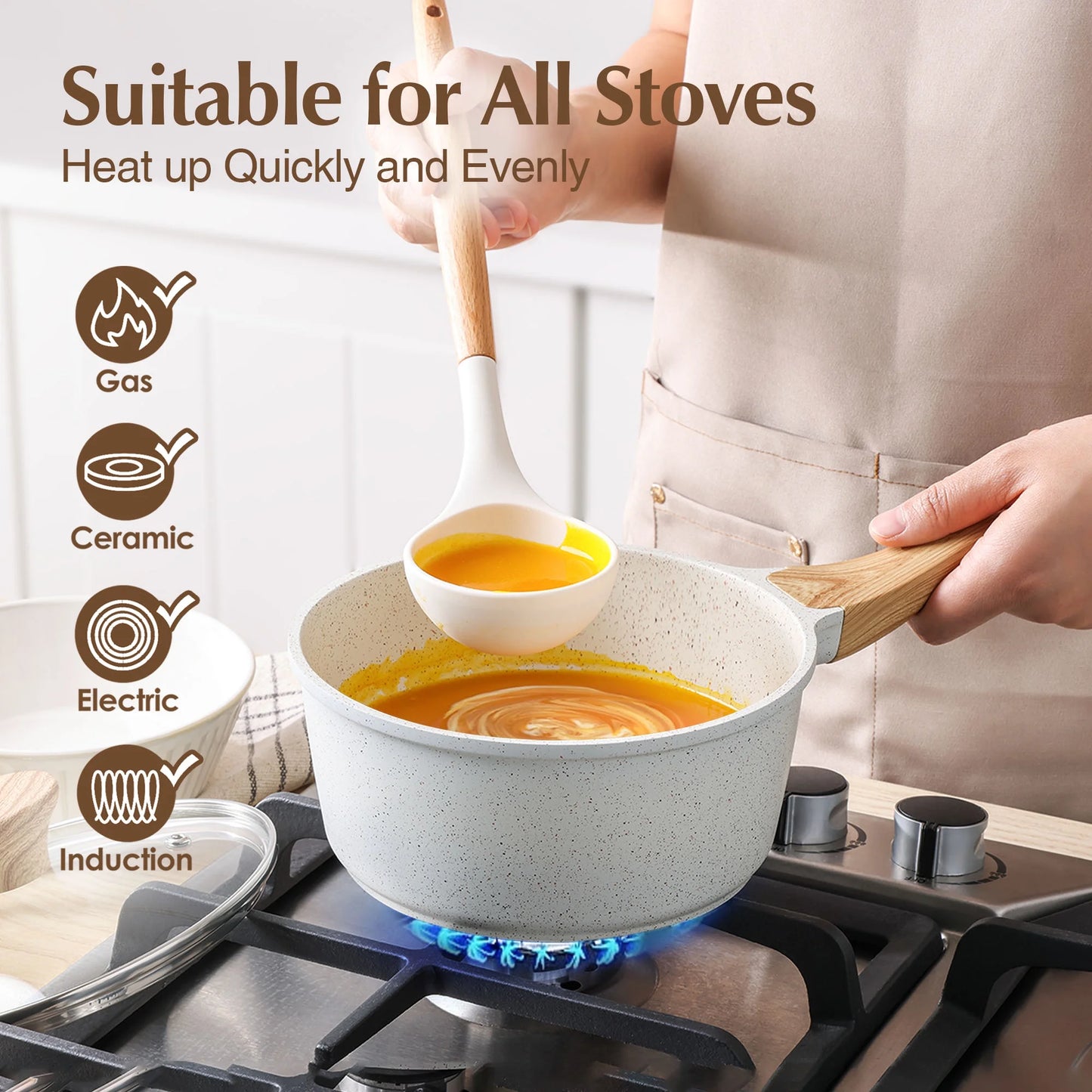 Ceramic Nonstick Pots and Pans Set, 17Pcs Healthy Non Stick Cookware Set with Pots Protectors, Induction Kitchen Cookware Sets White