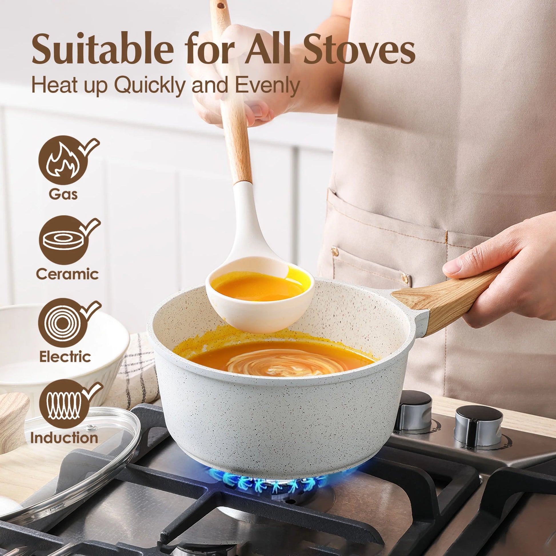 Ceramic Nonstick Pots and Pans Set, 17Pcs Healthy Non Stick Cookware Set with Pots Protectors, Induction Kitchen Cookware Sets White