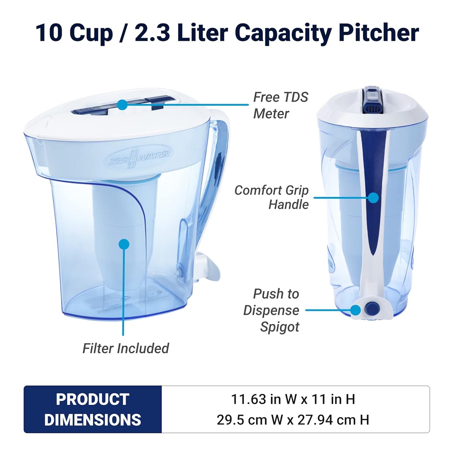 10-Cup Ready-Pour 5-Stage Water Filter Pitcher 0 TDS for Improved Tap Water Taste - IAPMO Certified to Reduce Lead, Chromium, and PFOA/PFOS