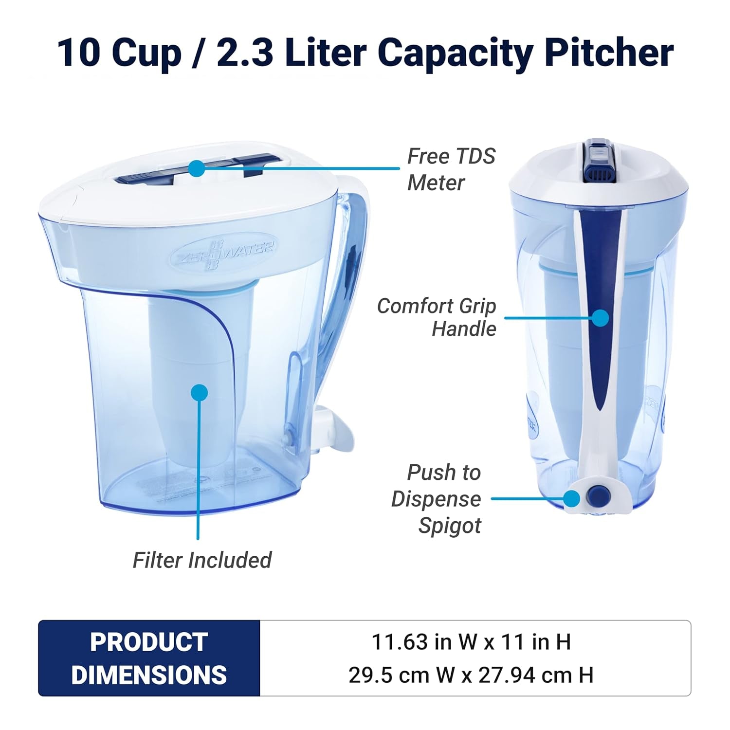 10-Cup Ready-Pour 5-Stage Water Filter Pitcher 0 TDS for Improved Tap Water Taste - IAPMO Certified to Reduce Lead, Chromium, and PFOA/PFOS