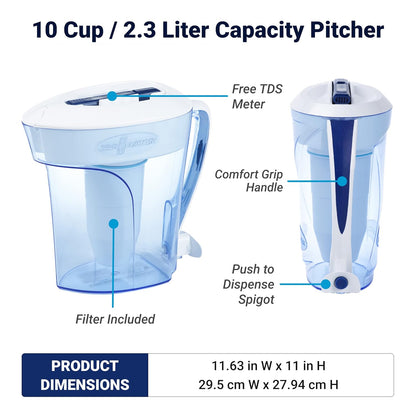 10-Cup Ready-Pour 5-Stage Water Filter Pitcher 0 TDS for Improved Tap Water Taste - IAPMO Certified to Reduce Lead, Chromium, and PFOA/PFOS