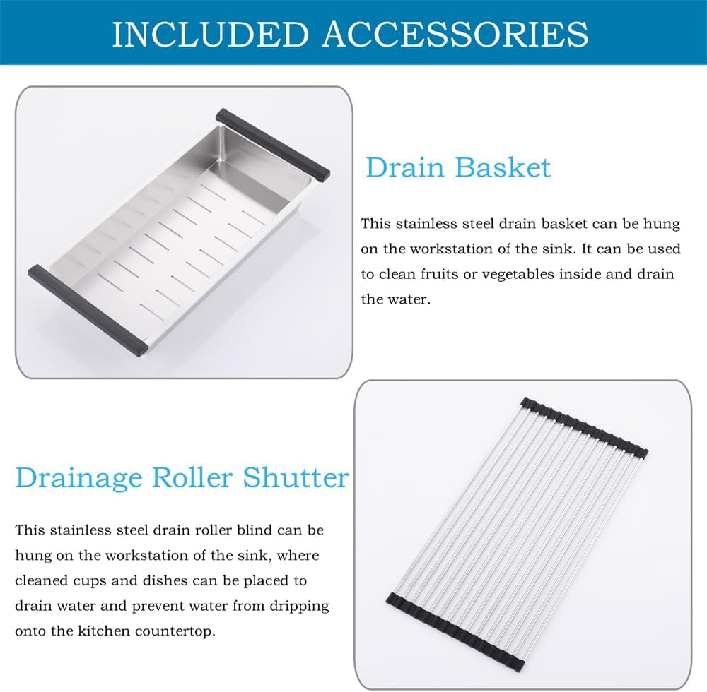 33 Inch Drop in Kitchen Sink Workstation -  33X22 Inch Topmount Single Bowl Workstation 16 Gauge Stainless Steel Drop-In Sinks,Round Corner Basin for Kitchen with Accessories