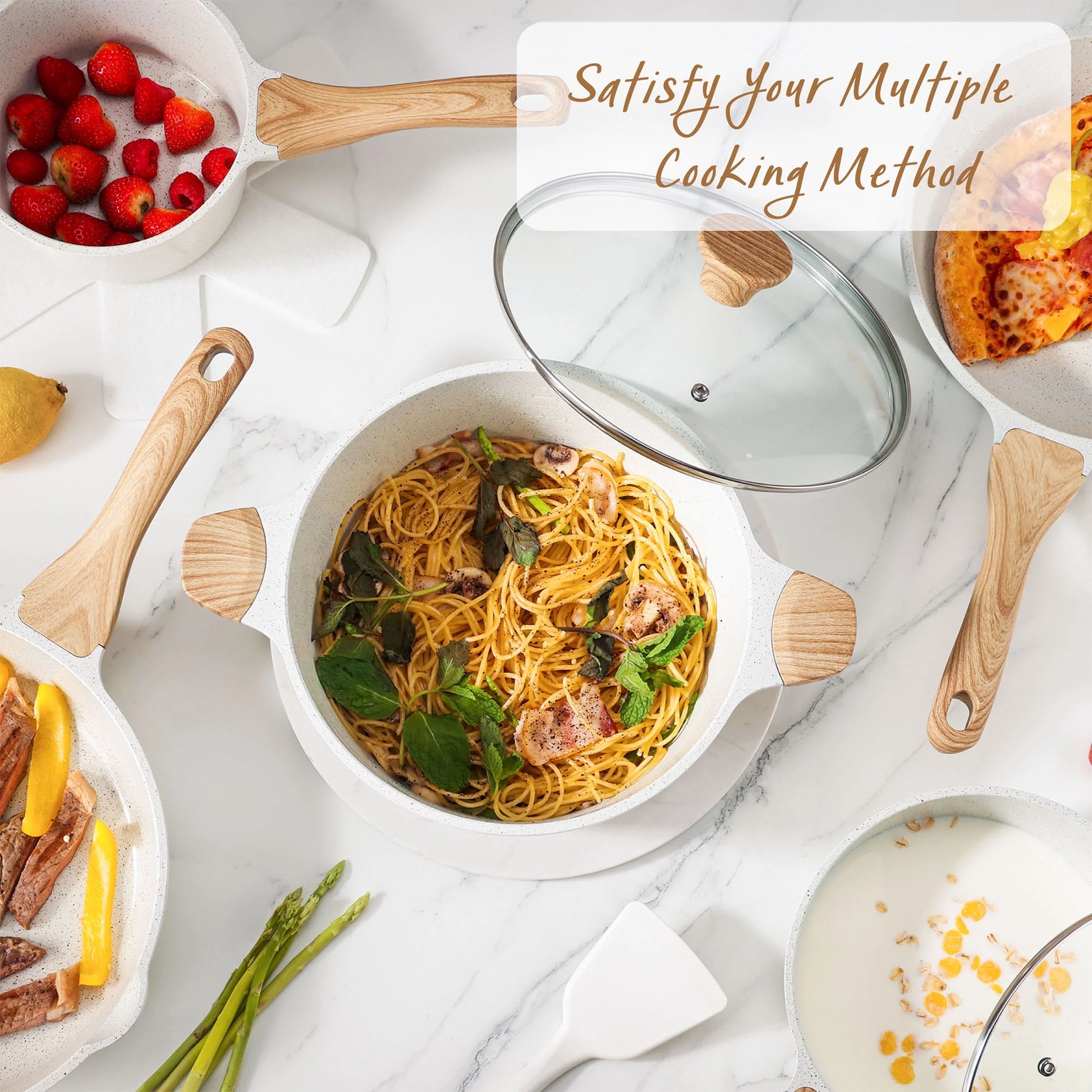 Ceramic Nonstick Pots and Pans Set, 17Pcs Healthy Non Stick Cookware Set with Pots Protectors, Induction Kitchen Cookware Sets White